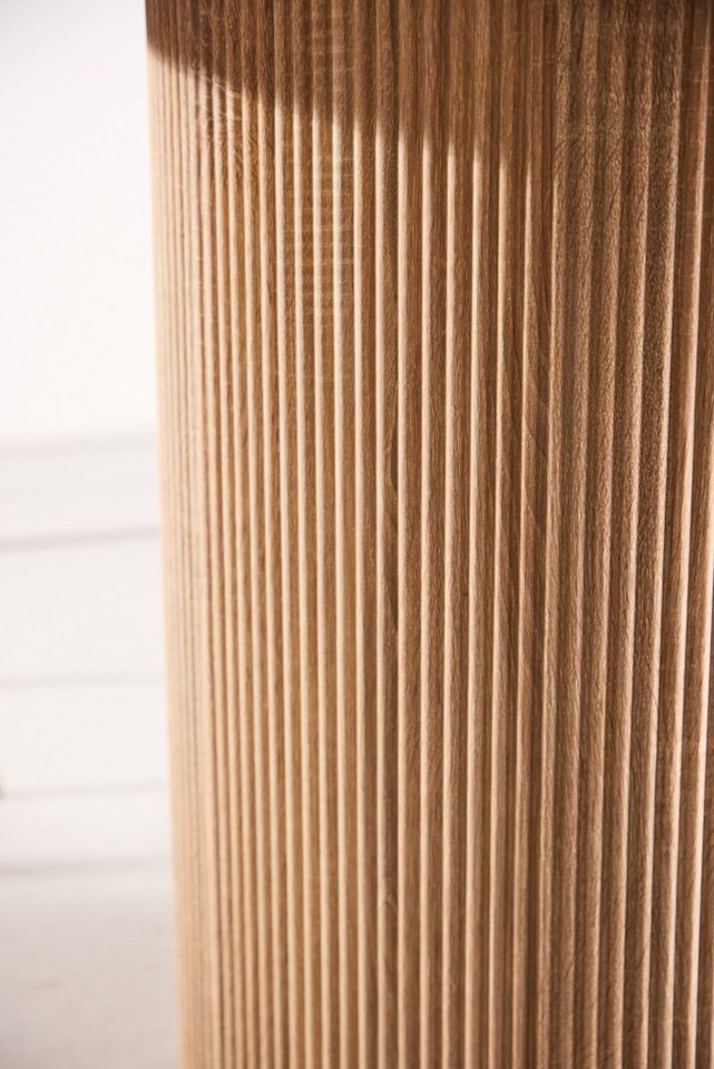 Venture Home Esstisch Härön, runder Esstisch Ø 120 cm mit Glasplatte und Holzfuß, FSC, Esszimmertisch, transparente Platte, MDF-Mittelfuß, gerippt, hell – Bild 4 von 5