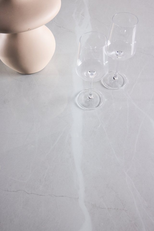 Venture Home Esstisch Härön, runder Esstisch Ø 120 cm mit Glasplatte und Holzfuß, FSC, Esszimmertisch, transparente Platte, MDF-Mittelfuß, gerippt, hell – Bild 5 von 5