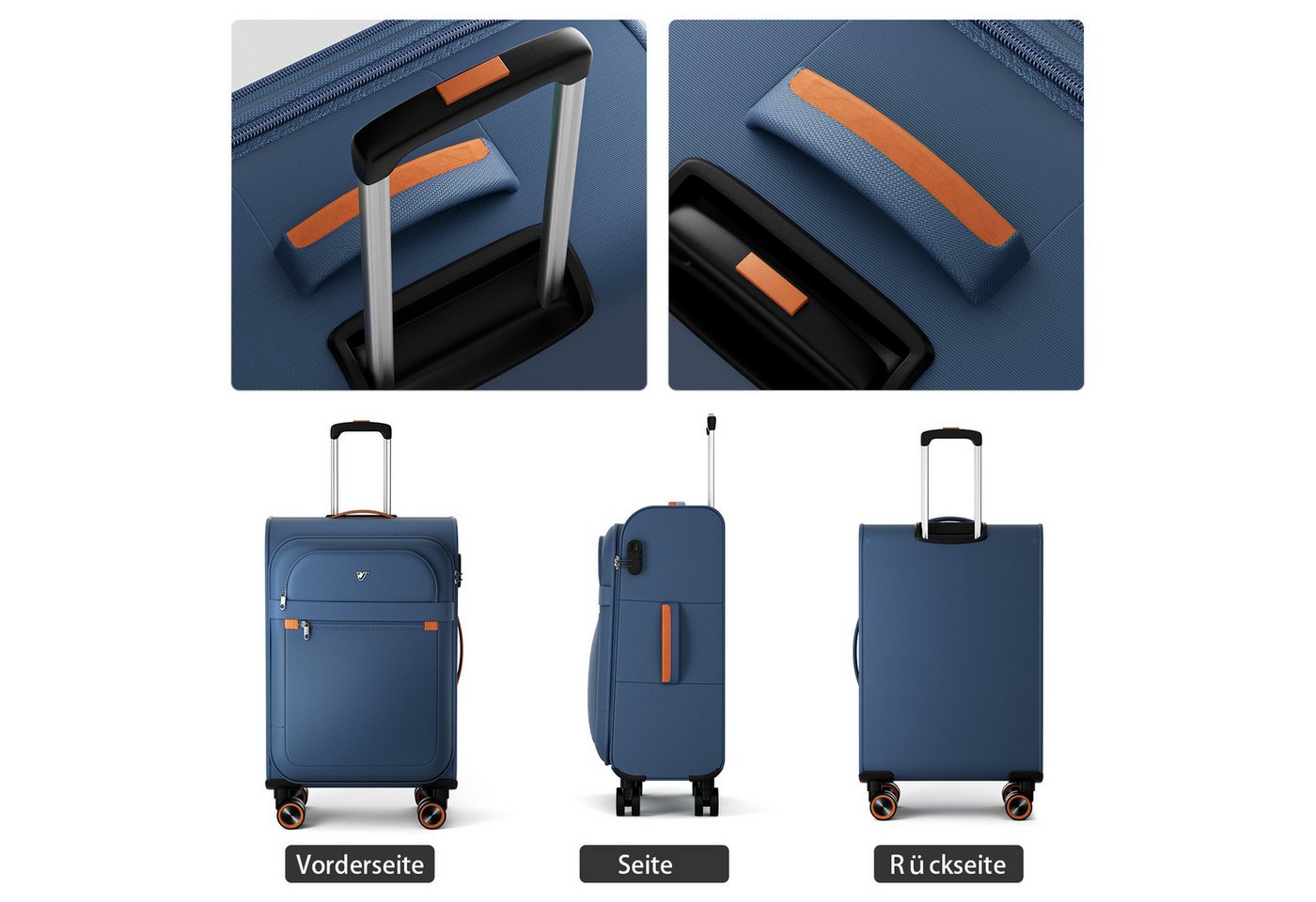 Verage Koffer Weichschalenkoffer, Leicht Reisekoffer mit Zahlenschloss, 4 Rollen, Stoffkoffer, Handgepäck/Set 3-teilig, 56/66/76cm,47/77/109L – Bild 3 von 5