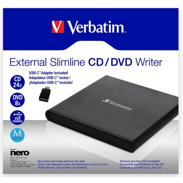 Verbatim Slimline USB 2.0 inklusive USB-A-zu-USB-C-Adapter Externer DVD-Brenner DVD-Brenner