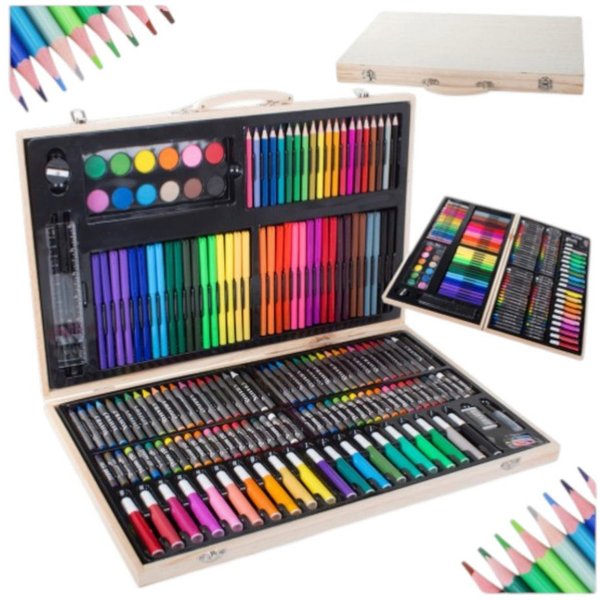VERK GROUP Malstift Artist Malset Zeichen & Malkoffer 180-teilig im tragbaren Holzkoffer -
