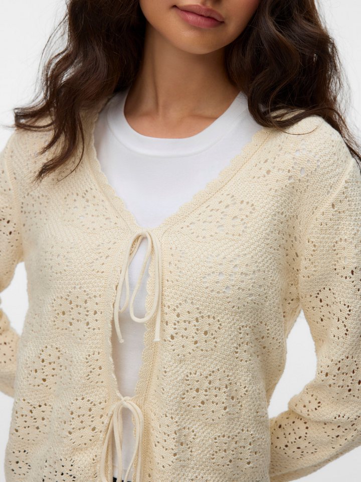 Vero Moda Strickjacke VMAVA LS V-NECK TIE STRING CARDIGAN Baumwolle, gewellte Strickbündchen – Bild 3 von 5