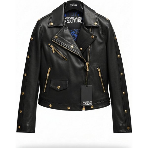 Versace Lederjacke Jeans Couture Leder Bikerjacke Damen XS Innenfutter mit auffälligem Baroque-Print in Multicolor