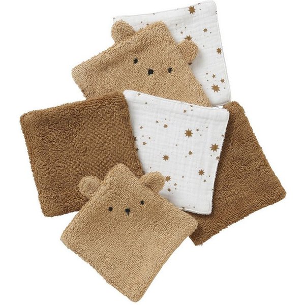 vertbaudet Waschlappen mit Aufbewahrungsbeutel BÄR, 6er-Pack