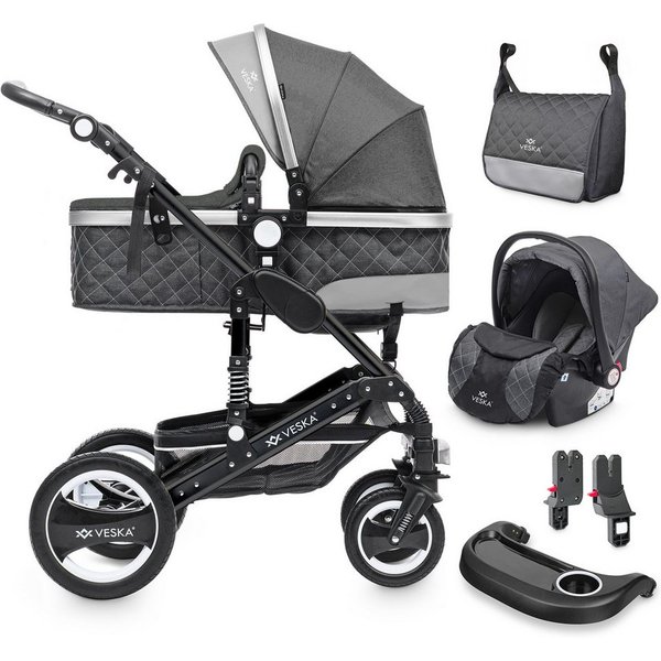 VESKA Kombi-Kinderwagen 3in1 inkl. Babyschale, Buggy, Jogger, mit Wickeltasche, Ess&Spieltisch, Moskitonetz, Regencover, Autoschale Fußsack, Aluminiumrahmen