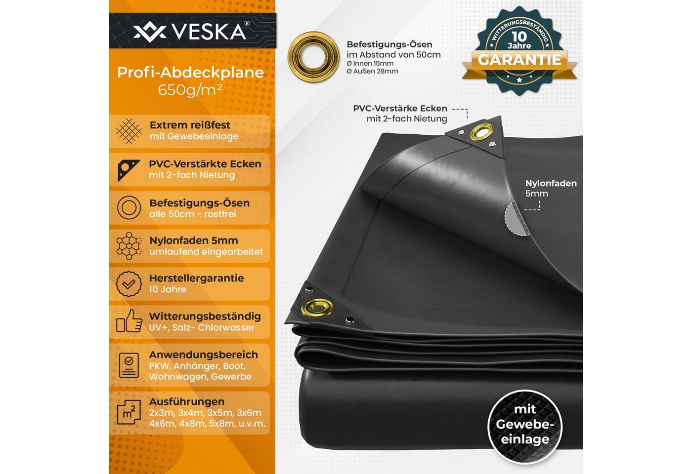 VESKA Schutzplane Profi Abdeckplane 650g/m² Gewebeplane, LKW Plane, Bootsplane – Bild 2 von 5