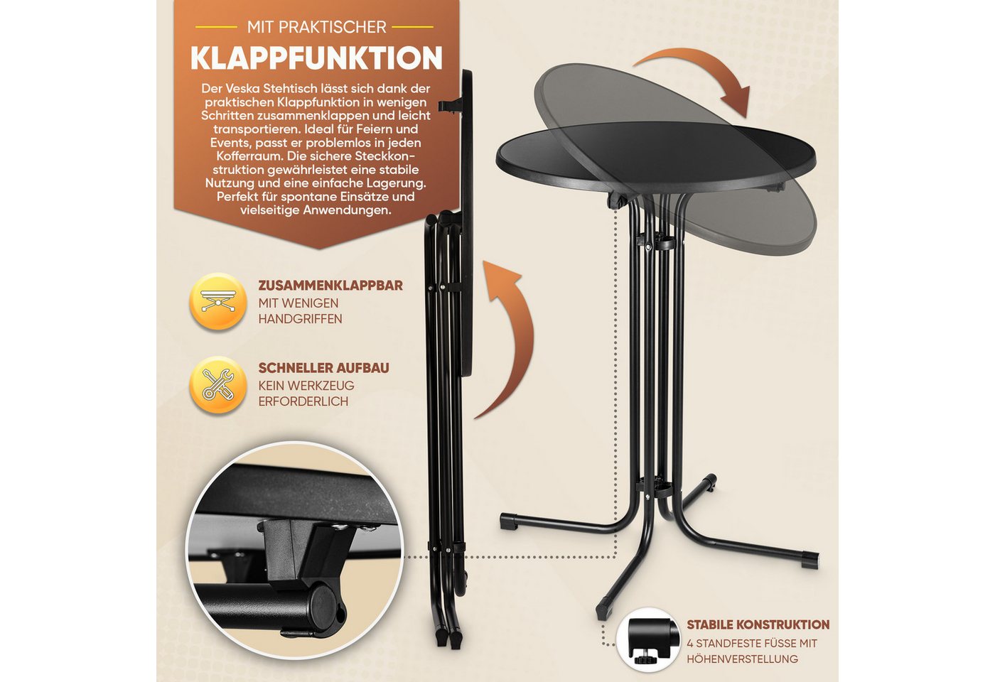 VESKA Stehtisch Ø 80cm inkl. Husse, Gastro Bistrotisch (klappbar Indoor & Outdoor, höhenverstellbare Füße, Klapptisch rund), Partytisch, Empfangstisch, Gartenti – Bild 3 von 5