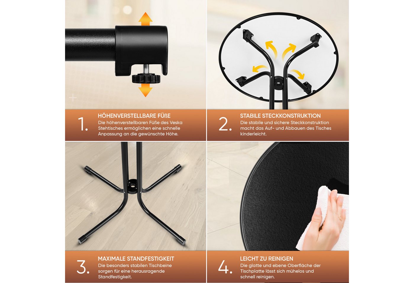 VESKA Stehtisch Ø 80cm inkl. Husse, Gastro Bistrotisch (klappbar Indoor & Outdoor, höhenverstellbare Füße, Klapptisch rund), Partytisch, Empfangstisch, Gartenti – Bild 4 von 5