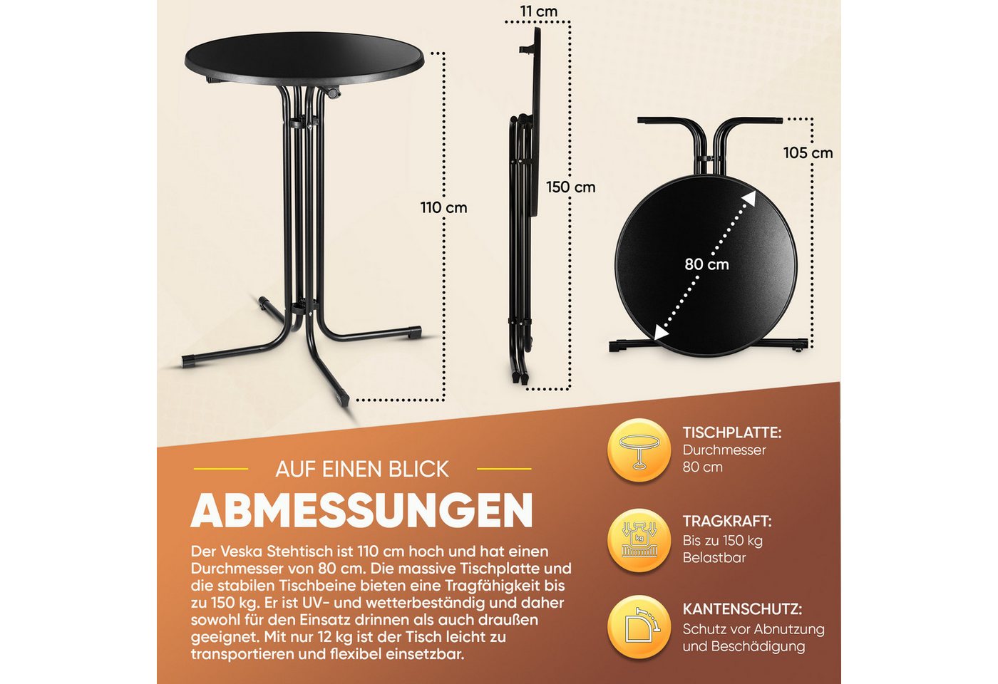 VESKA Stehtisch Ø 80cm inkl. Husse, Gastro Bistrotisch (klappbar Indoor & Outdoor, höhenverstellbare Füße, Klapptisch rund), Partytisch, Empfangstisch, Gartenti – Bild 5 von 5