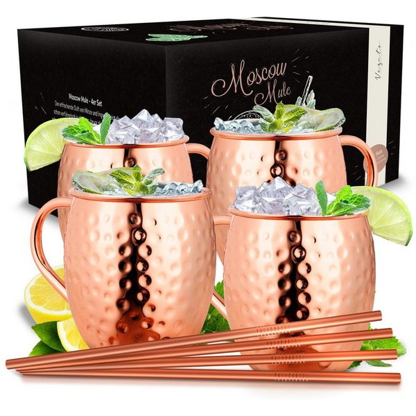 Vezato Cocktailglas 4 Moscow-Mule-Becher [500ml] – 4er Set Kupferbecher gehämmert -, Mit Strohhalmen, handgefertigt, rostfrei, für Cocktails