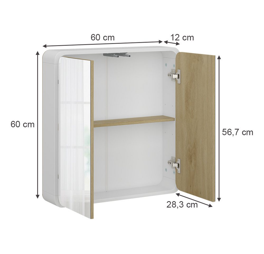 Vicco Badezimmerspiegelschrank Arla, Weiß/Eiche, 60 x 60 cm (1-St) – Bild 2 von 5