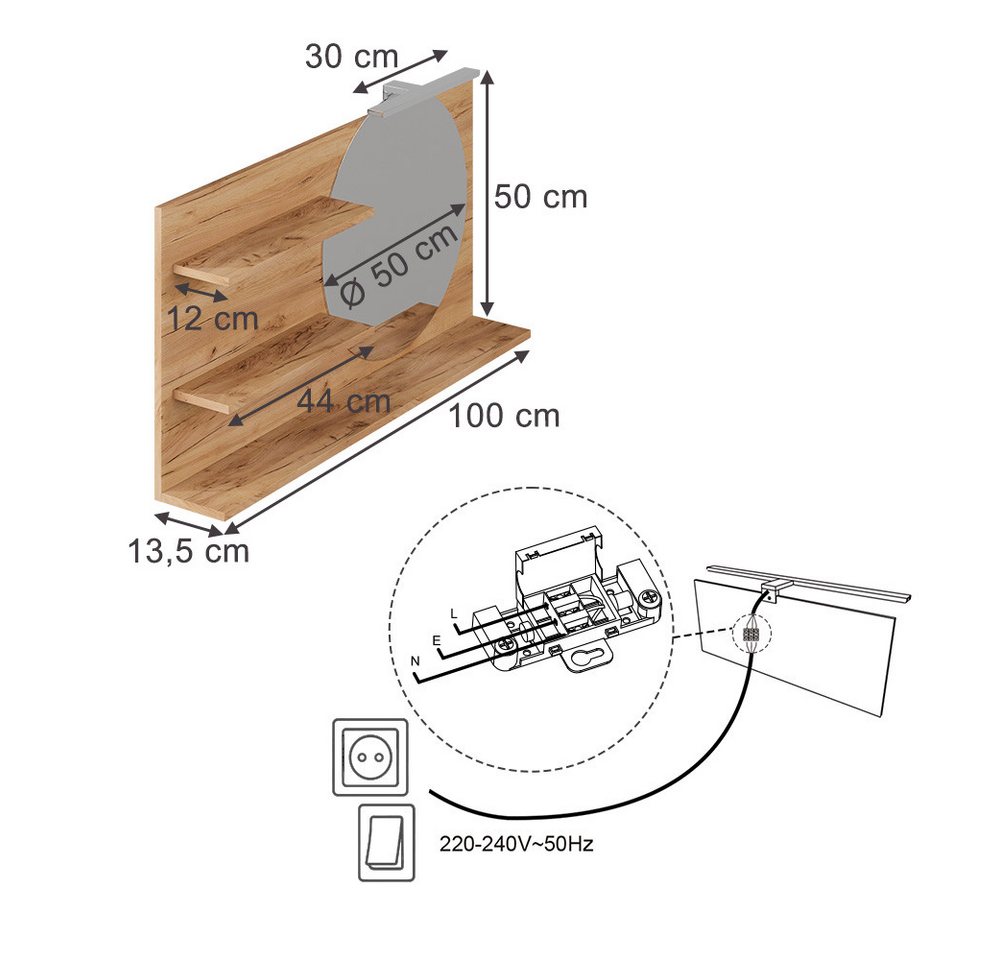 Vicco Badezimmerspiegelschrank Avena, Eiche, 100 x 50 cm mit 3 offenen Fächern (1-St) – Bild 2 von 5