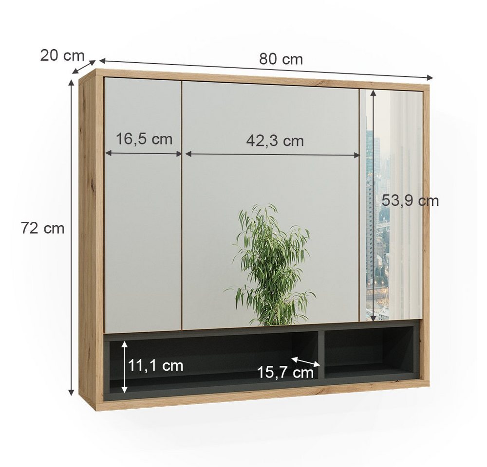 Vicco Badezimmerspiegelschrank Beatrice, Eiche/Anthrazit, 80 x 72 cm (1-St) – Bild 3 von 5