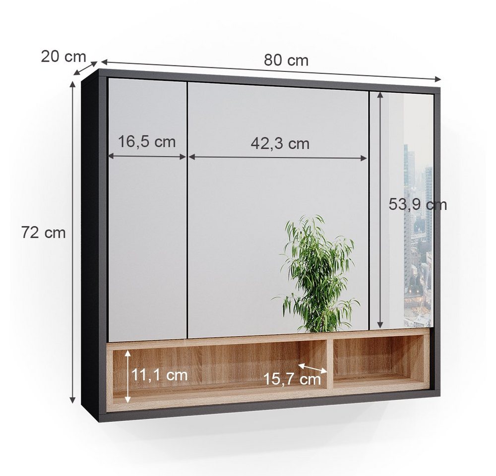 Vicco Badezimmerspiegelschrank Beatrice, Anthrazit/Sonoma, 80 x 72 cm (1-St) – Bild 3 von 5