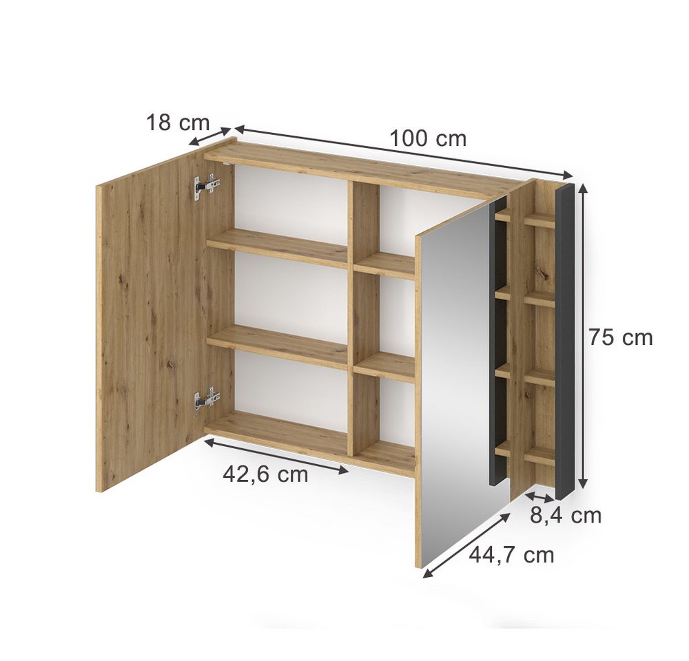 Vicco Badezimmerspiegelschrank Edelin, Artisan/Anthrazit, 100 x 75 cm mit Regalen (1-St) – Bild 2 von 5
