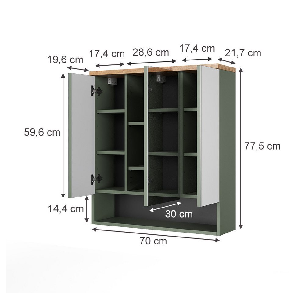 Vicco Badezimmerspiegelschrank Eden, Grün/Artisan, 70 x 77.5 cm mit 3 Spiegeltüren (1-St) – Bild 2 von 5