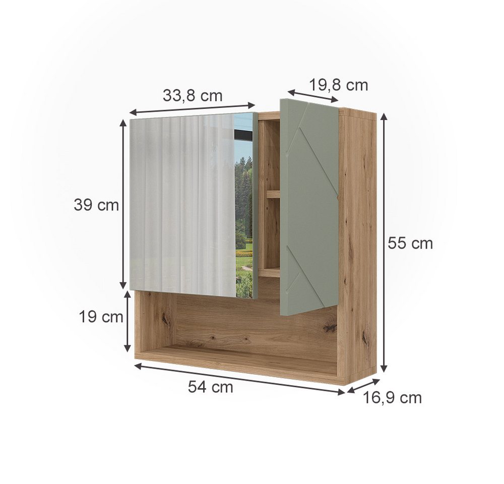 Vicco Badezimmerspiegelschrank Irma, Salbeigrün/Artisan, 54 x 55 cm (1-St) – Bild 2 von 5