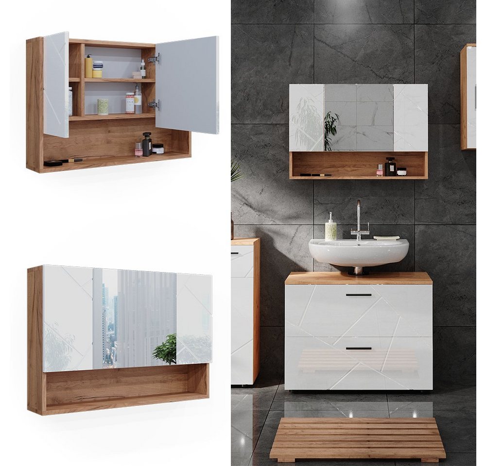 Vicco Badezimmerspiegelschrank Irma, Eiche/Weiß Hochglanz, 80.1 x 55 cm (1-St) – Bild 2 von 5