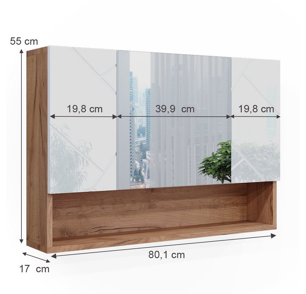 Vicco Badezimmerspiegelschrank Irma, Eiche/Weiß Hochglanz, 80.1 x 55 cm (1-St) – Bild 3 von 5