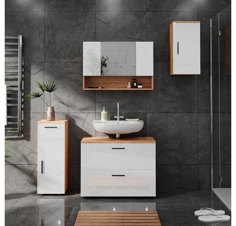 Vicco Badezimmerspiegelschrank Irma, Eiche/Weiß Hochglanz, 80.1 x 55 cm (1-St) – Bild 4 von 5