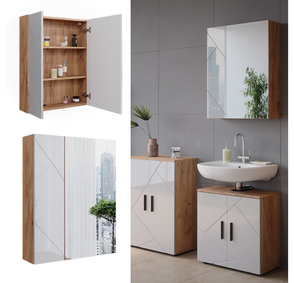 Vicco Badezimmerspiegelschrank Irma, Goldkraft Eiche/Weiß Hochglanz, 60 x 75 cm (1-St) – Bild 2 von 5