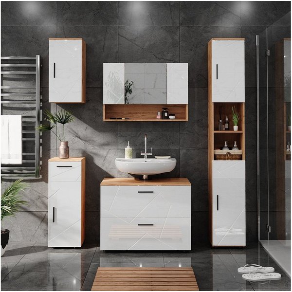 Vicco Badmöbel-Set Irma, Weiß Hochglanz/Goldkraft Eiche, 5-teilig, (5-St., 5er Set)