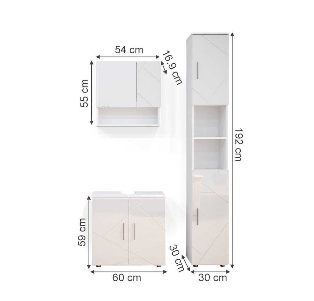 Vicco Badmöbel-Set Irma, Weiß Hochglanz, 3-teilig, (3-er Set, 3-St., 3er Set) – Bild 3 von 5