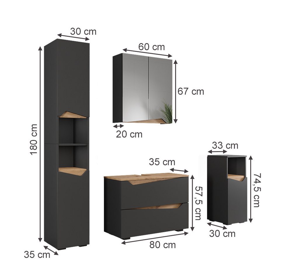 Vicco Badmöbel-Set Marelle, Anthrazit/Artisan-Eiche, 4-teilig, (4-St., 4er Set) – Bild 2 von 5