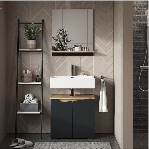 Vicco Badspiegel Marelle, Anthrazit/Artisan-Eiche, 60 x 67 cm mit Regal (1-St)