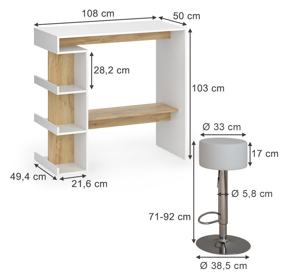 Vicco Bartisch Dana, Weiß/Goldkraft Eiche, 108 x 50 cm mit 2 Barhockern (3-St) – Bild 3 von 5