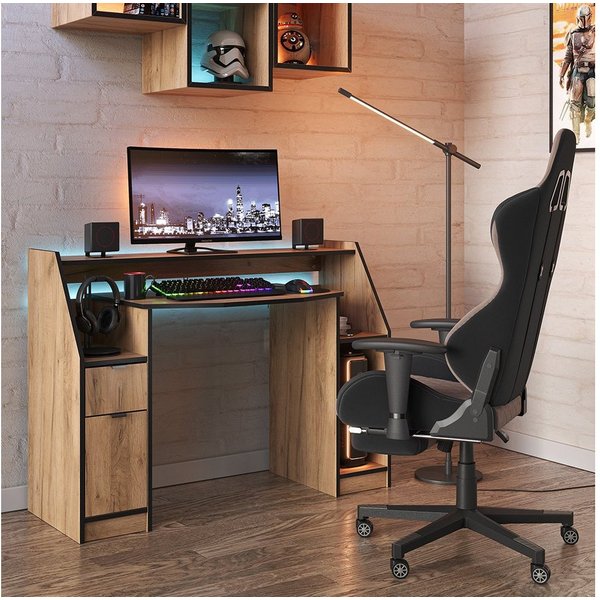 Vicco Computertisch Joel, Goldkraft Eiche/Schwarz, 123.2 x 45cm mit 1 Schublade und 1 Tür (1-St)