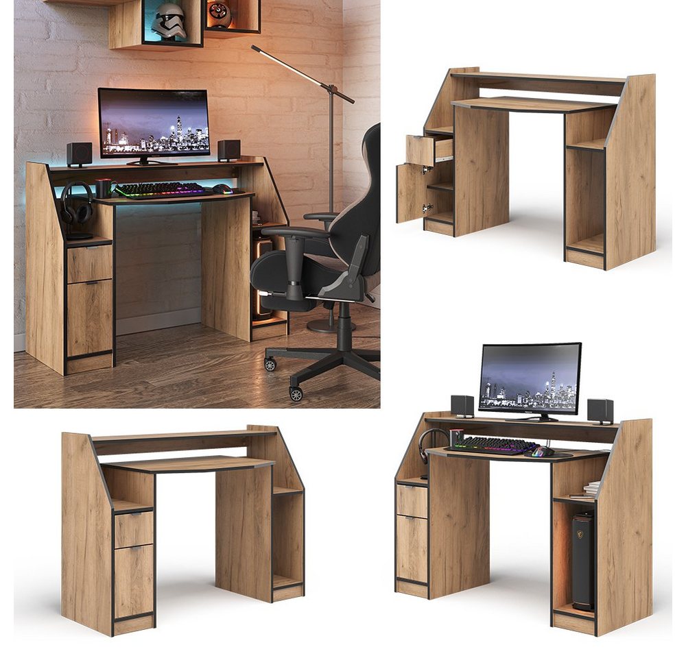 Vicco Computertisch Joel, Goldkraft Eiche/Schwarz, 123.2 x 45cm mit 1 Schublade und 1 Tür (1-St) – Bild 3 von 5