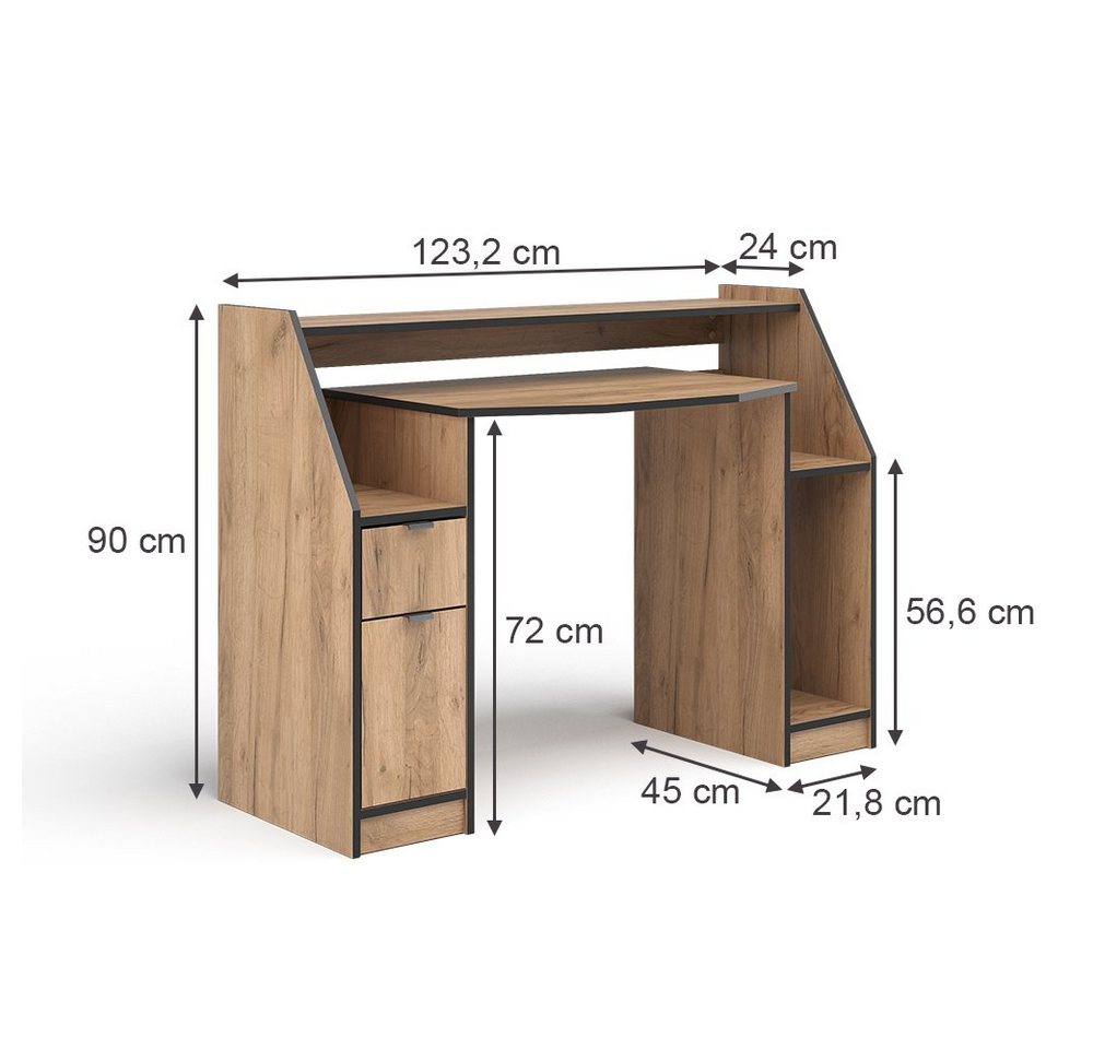 Vicco Computertisch Joel, Goldkraft Eiche/Schwarz, 123.2 x 45cm mit 1 Schublade und 1 Tür (1-St) – Bild 4 von 5