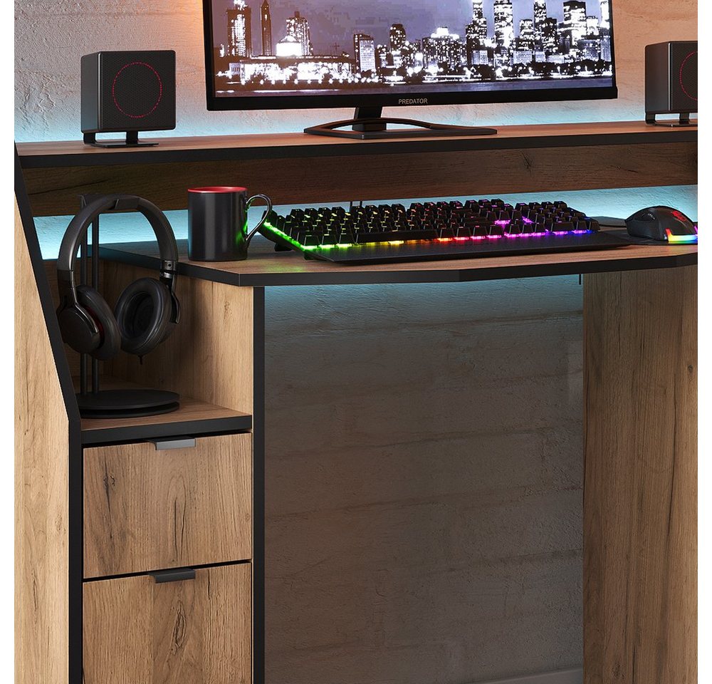 Vicco Computertisch Joel, Goldkraft Eiche/Schwarz, 123.2 x 45cm mit 1 Schublade und 1 Tür (1-St) – Bild 5 von 5