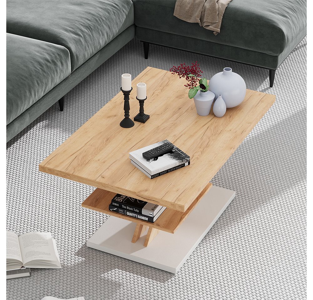Vicco Couchtisch Arivo, Eiche/Weiß, 90 x 60 cm mit Ablage (1-St) – Bild 4 von 5