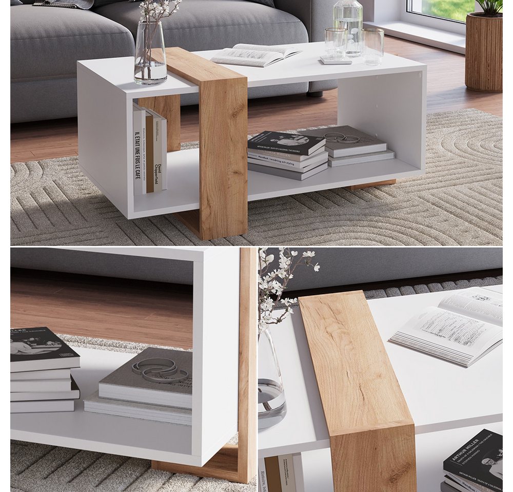 Vicco Couchtisch Aven, Weiß/Goldkraft Eiche, 91.5 x 52 cm (1-St) – Bild 4 von 5