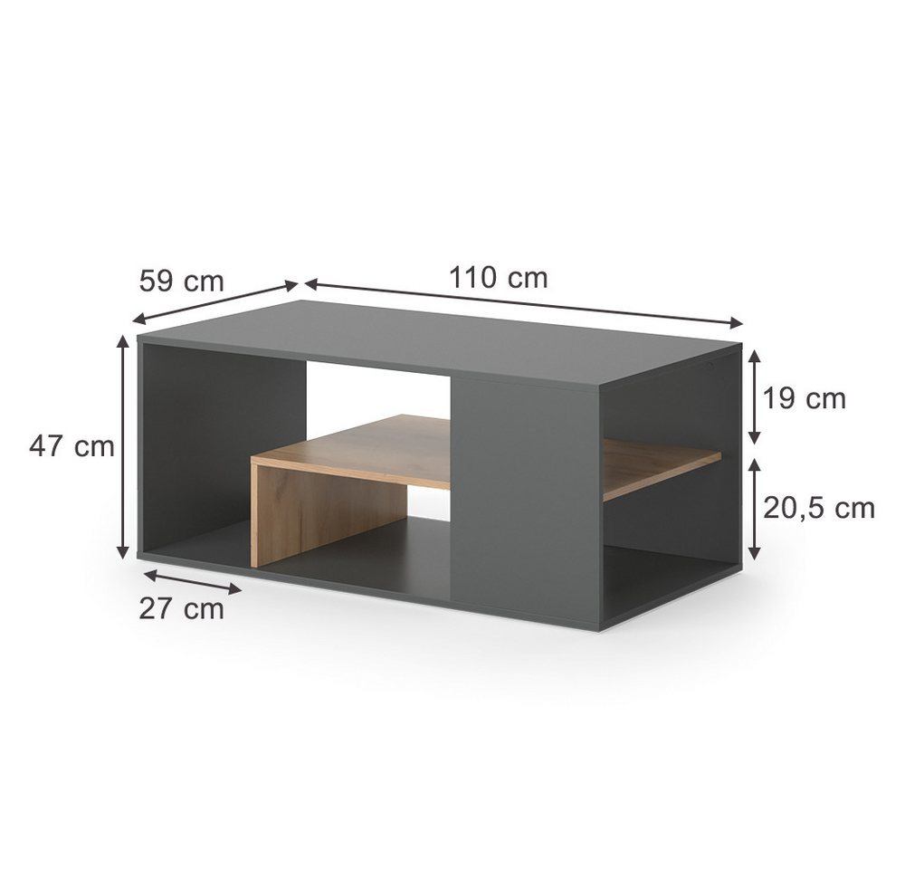 Vicco Couchtisch Edgar, Anthrazit/Goldkraft Eiche, 110 x 59 cm (1-St) – Bild 3 von 5