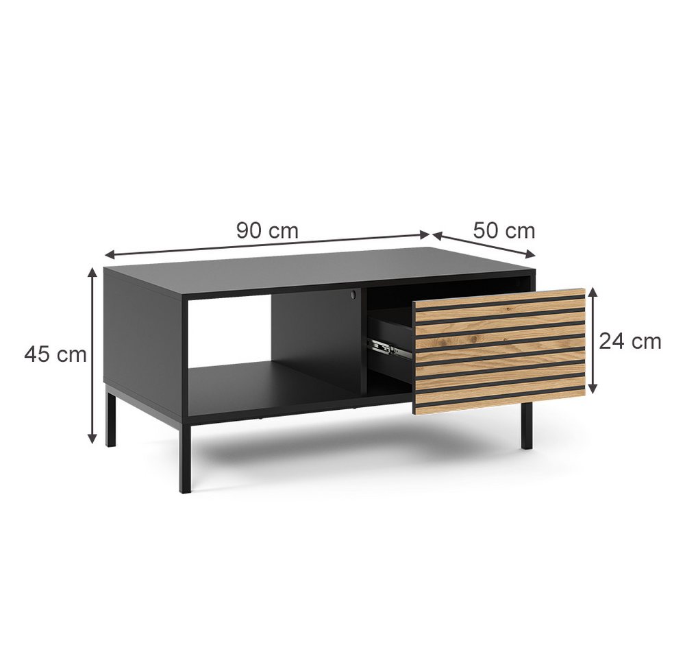 Vicco Couchtisch Eliza, Schwarz/Eiche, 90 x 50 cm mit einer Schublade (1-St) – Bild 3 von 5