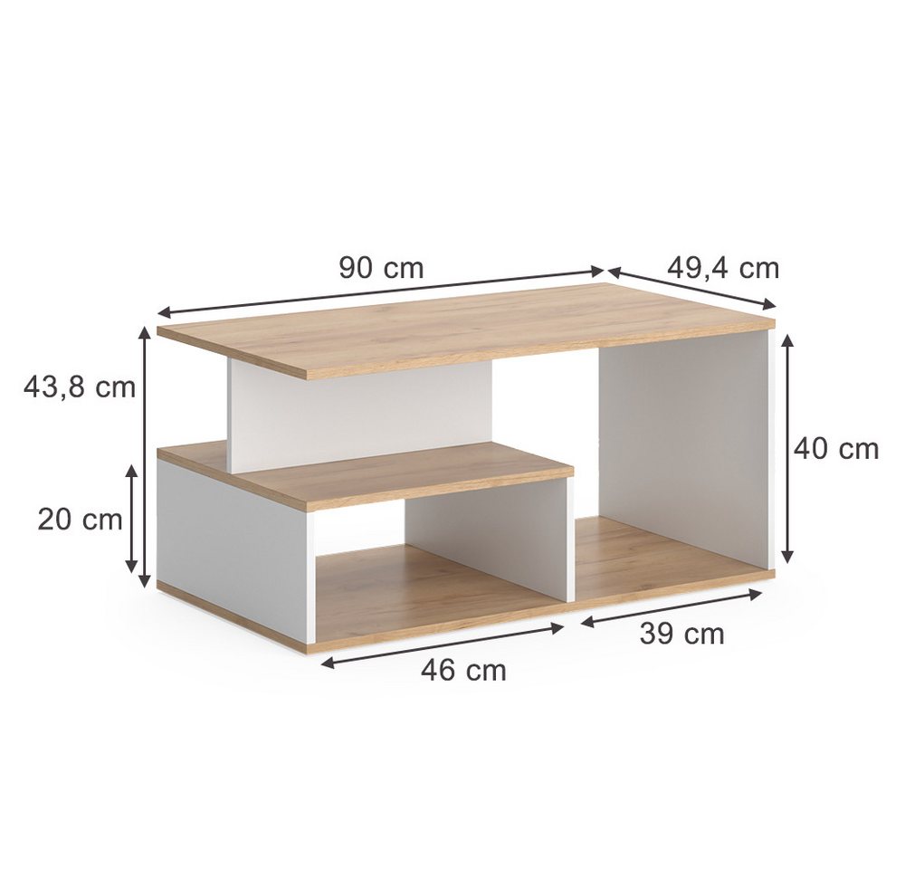 Vicco Couchtisch Hasso, Goldkraft Eiche/Weiß, 90 x 49.4 cm (1-St) – Bild 3 von 5
