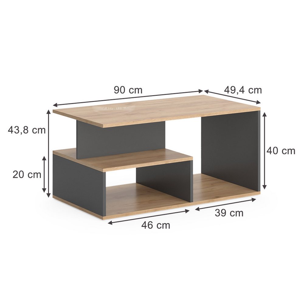 Vicco Couchtisch Hasso, Goldkraft Eiche/Anthrazit, 90 x 49.4 cm (1-St) – Bild 3 von 5