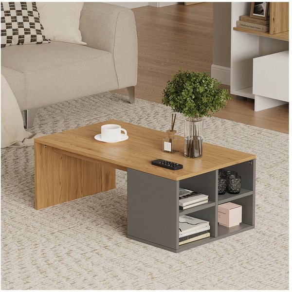 Vicco Couchtisch Kivo, Anthrazit/Eiche/Eiche, 90 x 50 cm mit 4 offenen Fächern (1-St)