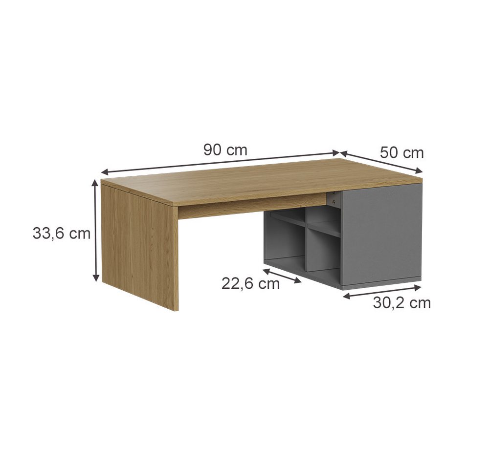 Vicco Couchtisch Kivo, Anthrazit/Eiche/Eiche, 90 x 50 cm mit 4 offenen Fächern (1-St) – Bild 3 von 5