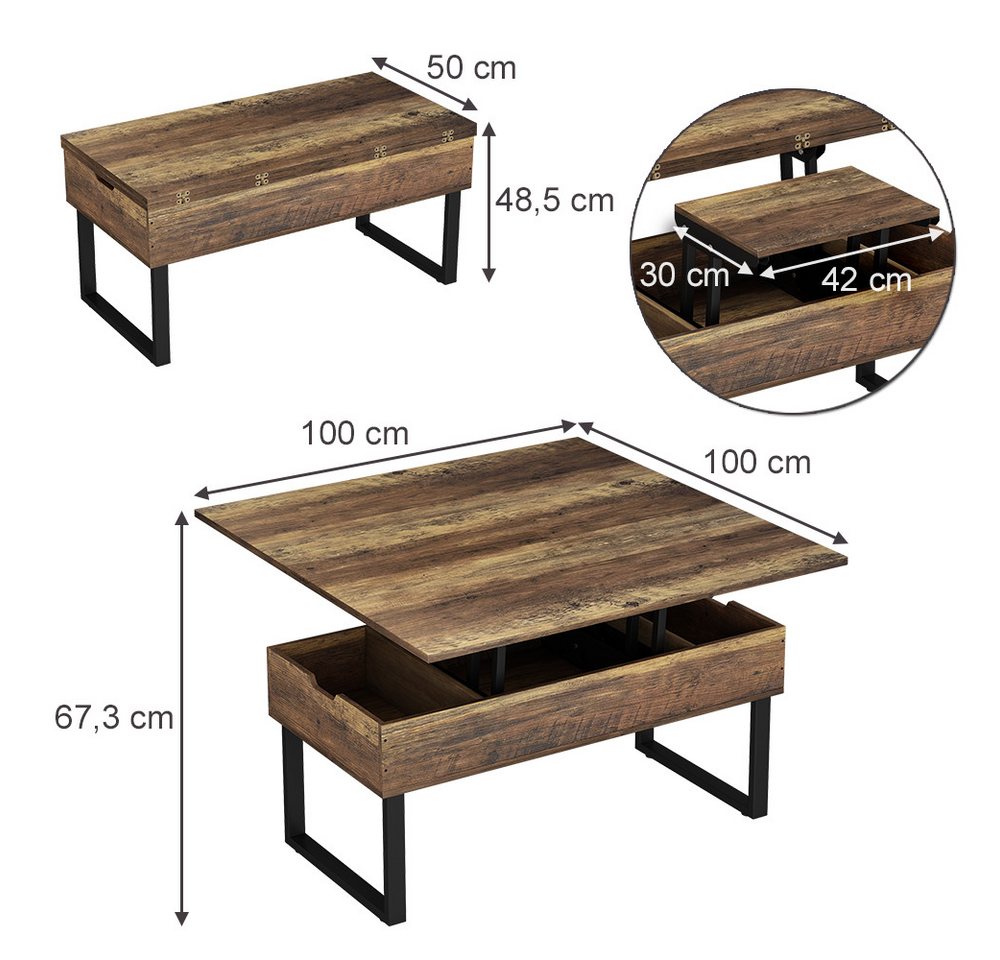 Vicco Couchtisch Lifty, Eiche rustikal, 100 x 50 cm mit Liftfunktion (1-St) – Bild 3 von 5