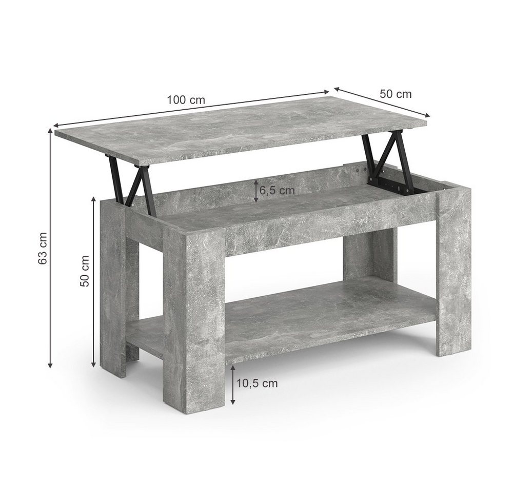 Vicco Couchtisch Lorenz, Beton, 100 x 50 cm mit Liftfunktion (1-St), Kippbar – Bild 4 von 5