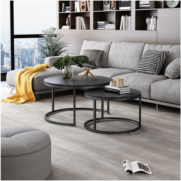 Vicco Couchtisch Montreal, Schwarz/Schwarzer Marmor, 77 x 40 cm 2 Teile (2-St)