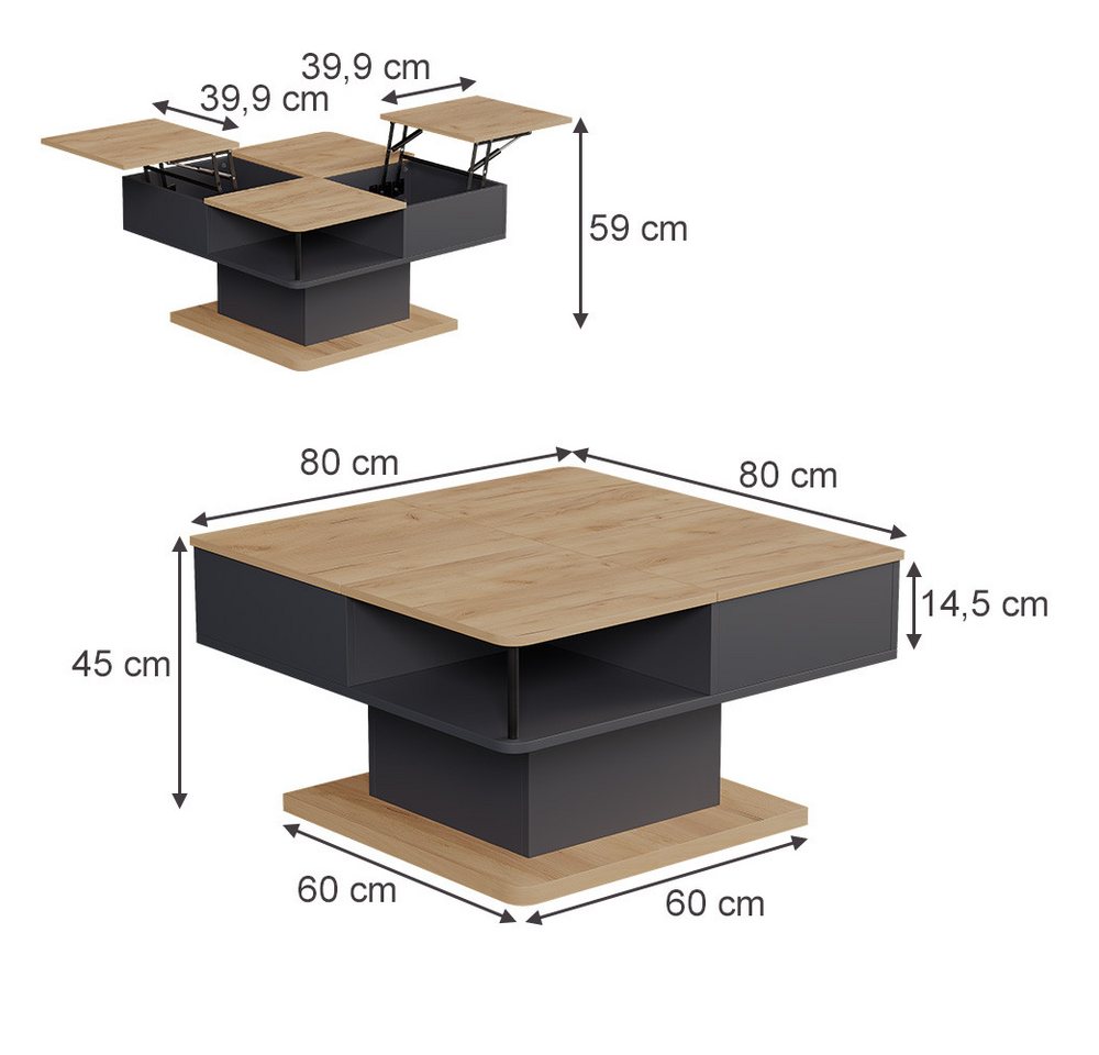 Vicco Couchtisch Movira, Anthrazit/Goldkraft Eiche, 80 x 45 cm mit Staufächern (1-St) – Bild 3 von 5