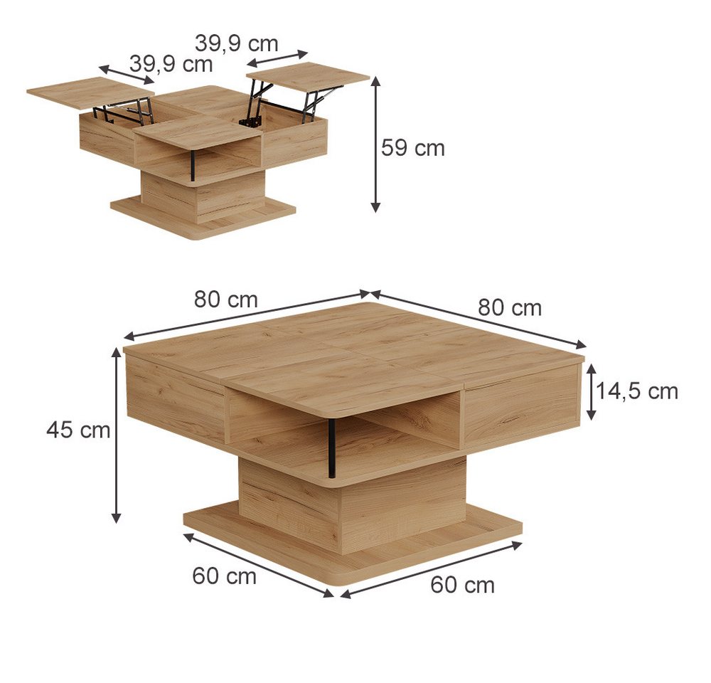 Vicco Couchtisch Movira, Goldkraft Eiche, 80 x 45 cm mit Staufächern (1-St) – Bild 3 von 5