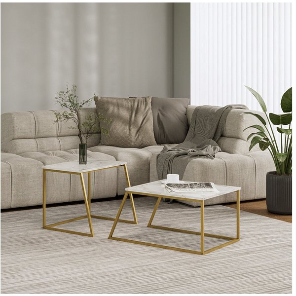 Vicco Couchtisch Myra, Marmor-Weiß/Gold/Marmor, 60 x 50 cm 2 Teile (2-St)