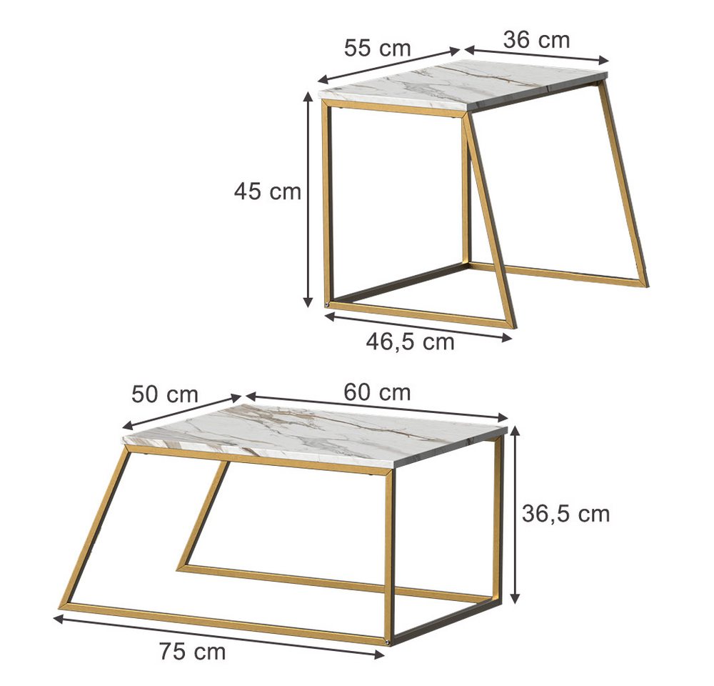 Vicco Couchtisch Myra, Marmor-Weiß/Gold/Marmor, 60 x 50 cm 2 Teile (2-St) – Bild 3 von 5