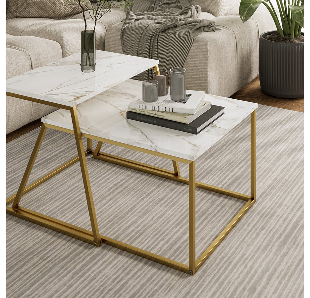 Vicco Couchtisch Myra, Marmor-Weiß/Gold/Marmor, 60 x 50 cm 2 Teile (2-St) – Bild 4 von 5